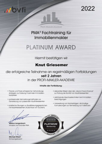 Knut Griesemer - PMA Fachtraining für Immobilienmakler - Platinum Award - 2 Jahre BVFI