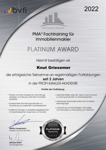 Knut Griesemer - PMA Fachtraining für Immobilienmakler - Platinum Award - 2 Jahre BVFI
